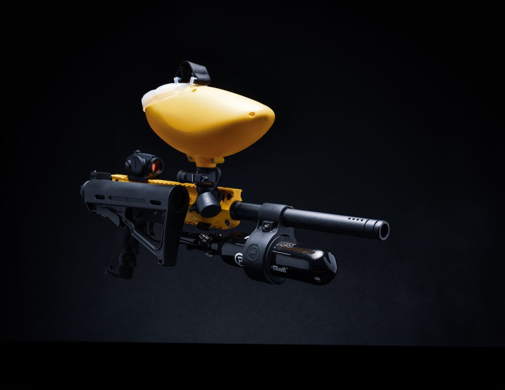 PepperBall non-lethal launcher with high-capacity hopper and compressed air system